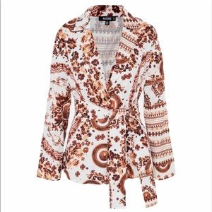 White Print Tie Waist Tailored Jacket